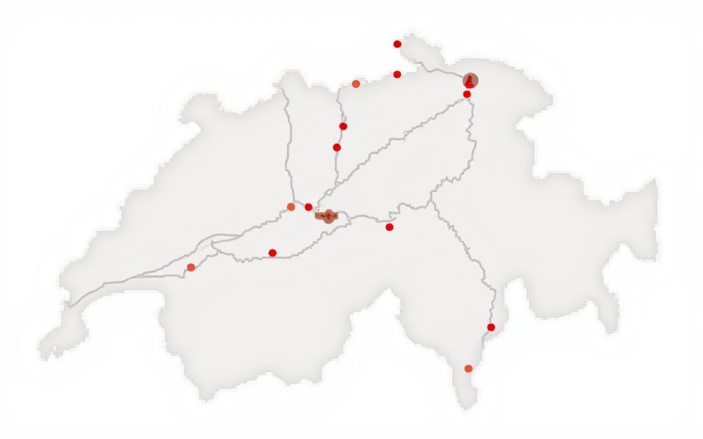 A map of Switzerland highlighting the national motorway network in red.